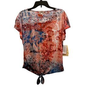 One World Women's PL Paisley Tie Front Blouse Multicolor Casual Top
